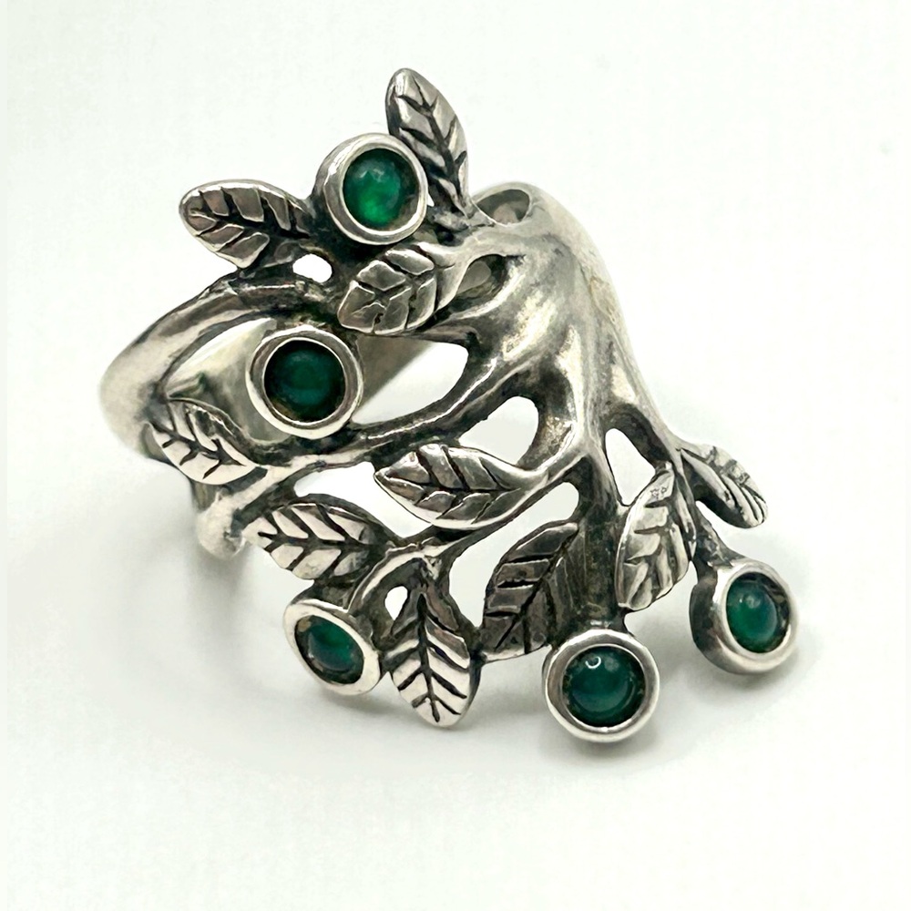 Vintage Sterling Silver Green Stone Leaf Branch Ring | Size 7 |